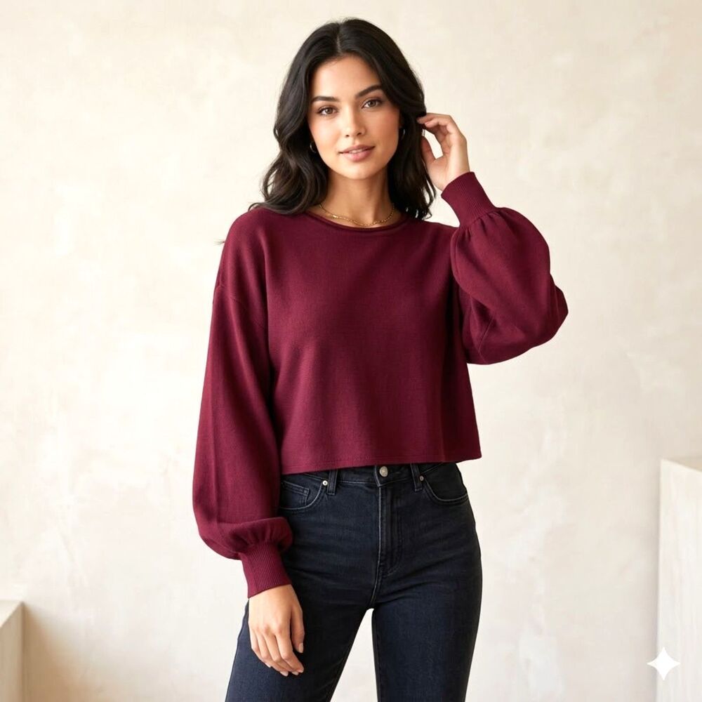 ZESICA Burgundy Balloon Sleeve Knit Sweater Cropped Oversized Cozy Chic Size XL